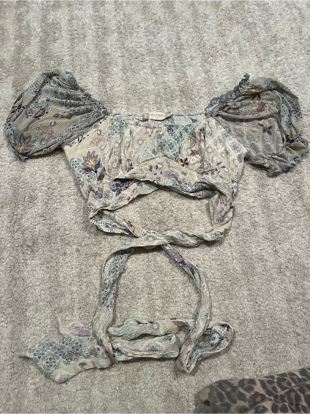 Altar'd State Cream Floral Puff Sleeve Tie-Front Crop Top